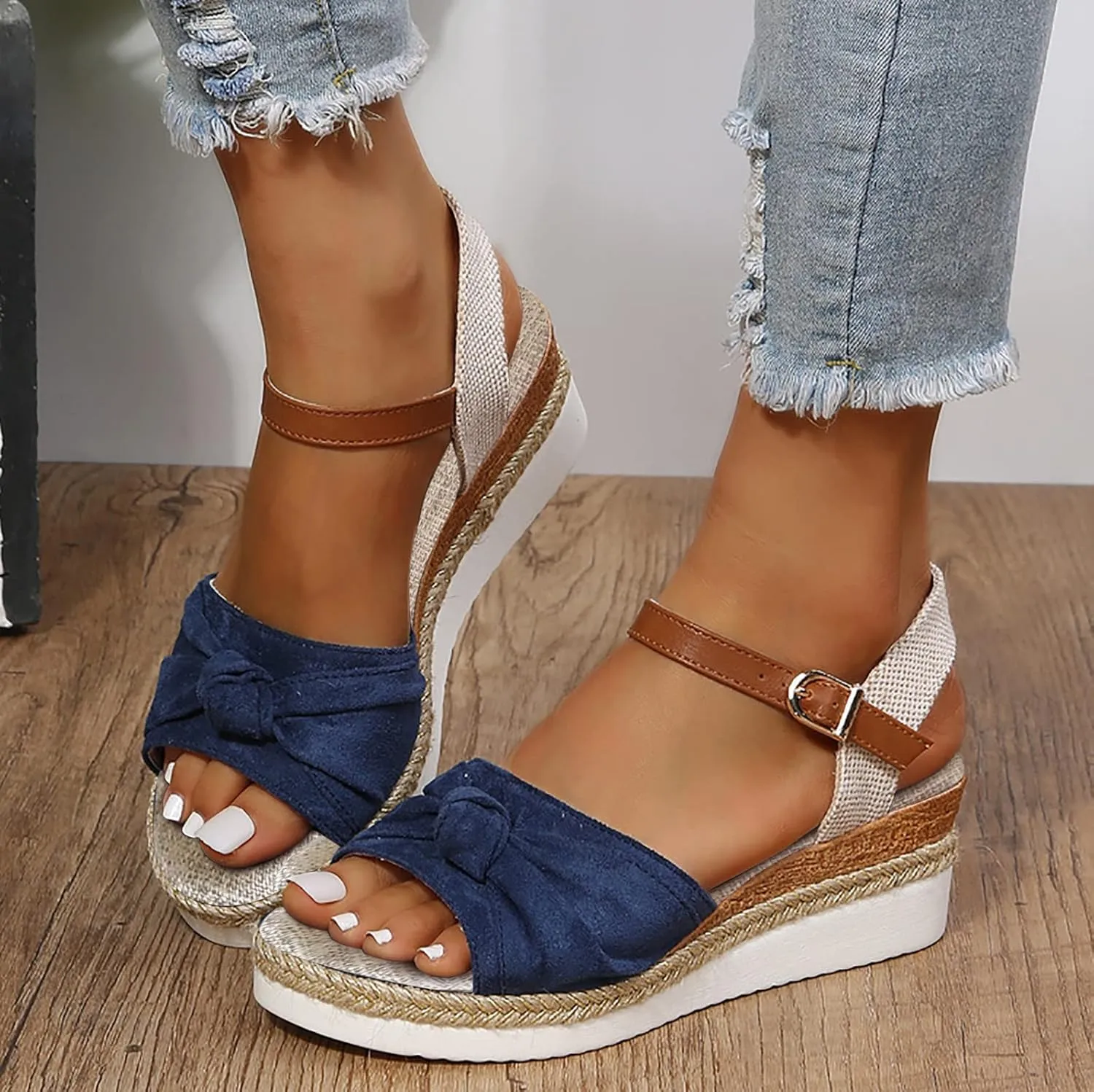 Sandals For Women 2025 Cute Bow Knot Wedge Espadrille Sandal Linen Cushion Open Toe Ankle Buckle Low Wedges Heels