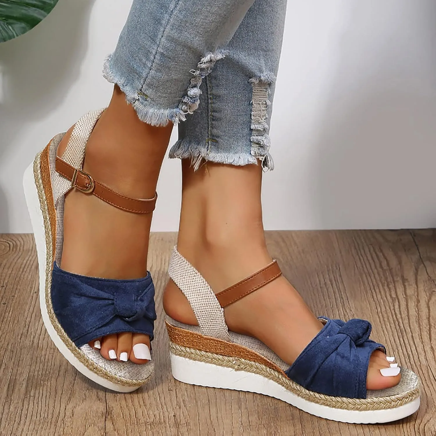 Sandals For Women 2025 Cute Bow Knot Wedge Espadrille Sandal Linen Cushion Open Toe Ankle Buckle Low Wedges Heels