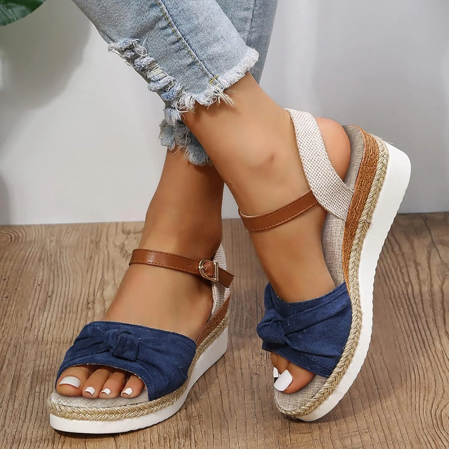 Sandals For Women 2025 Cute Bow Knot Wedge Espadrille Sandal Linen Cushion Open Toe Ankle Buckle Low Wedges Heels