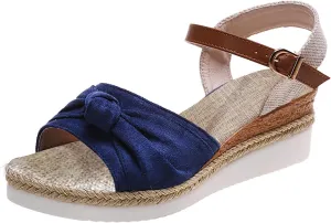 Sandals For Women 2025 Cute Bow Knot Wedge Espadrille Sandal Linen Cushion Open Toe Ankle Buckle Low Wedges Heels