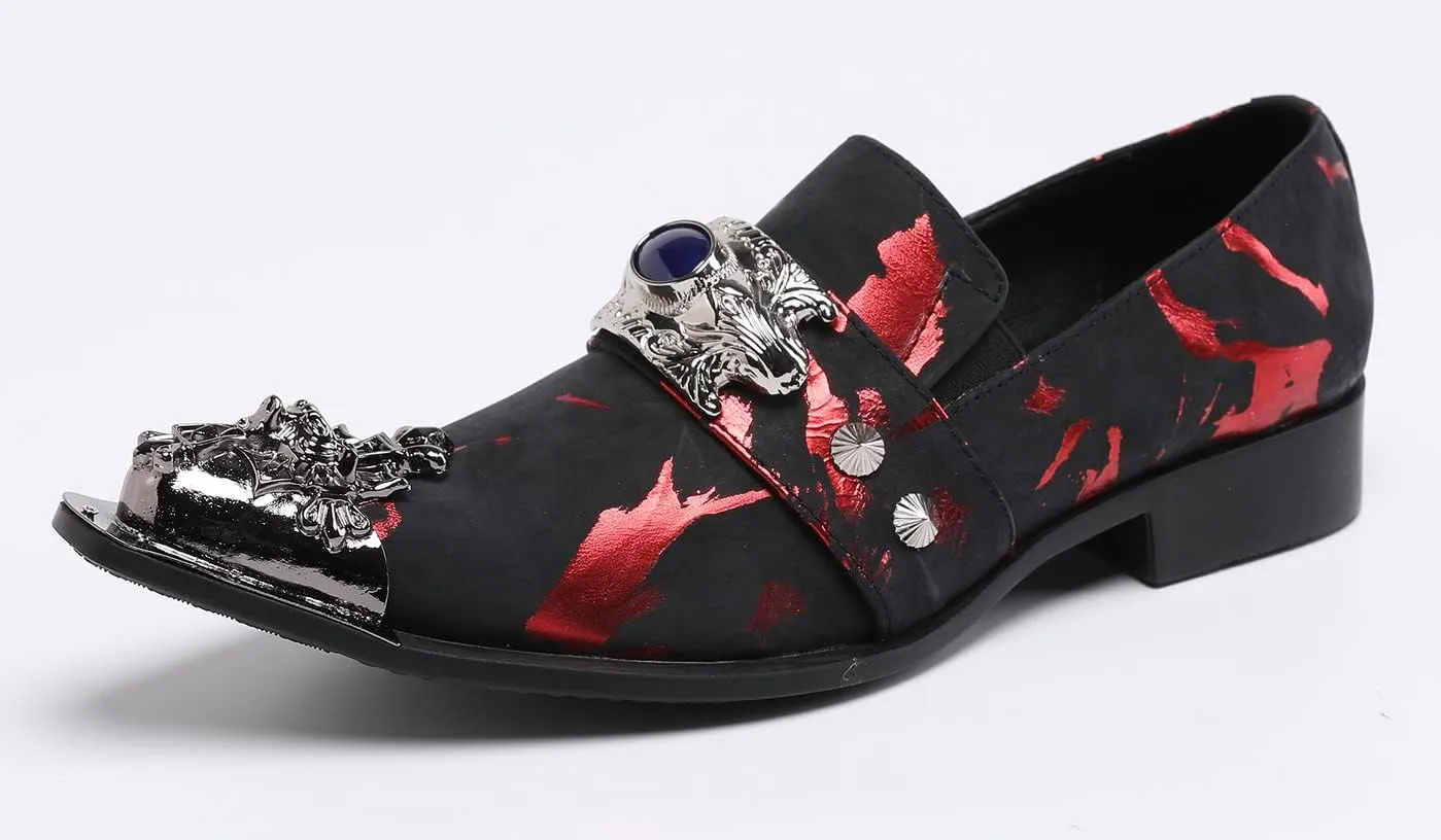 Santimon Men's Dress Shoes Suede Leather Dragon Black Metal Tip Single Strap Wedding Formal Loafers