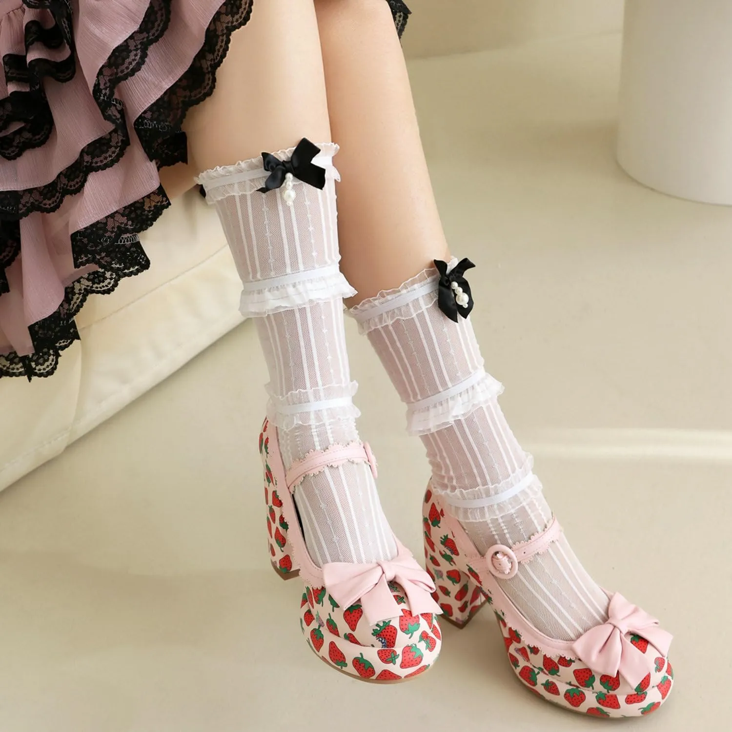 Shinelly Platform Chunky Heels Cute Strawberry Mary Janes Round Toe High Heel Kawaii Pump Shoes