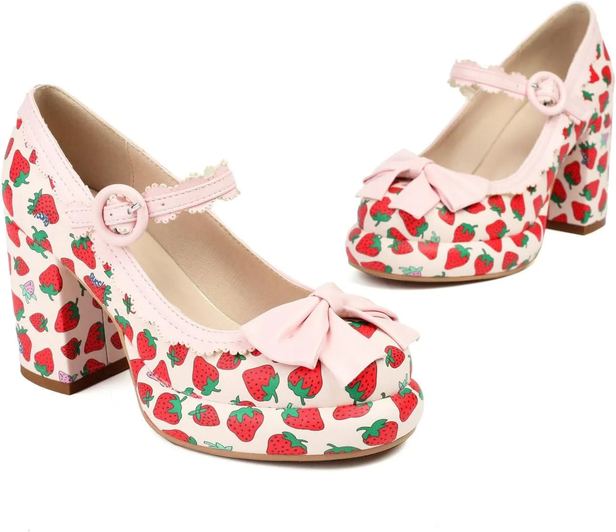 Shinelly Platform Chunky Heels Cute Strawberry Mary Janes Round Toe High Heel Kawaii Pump Shoes
