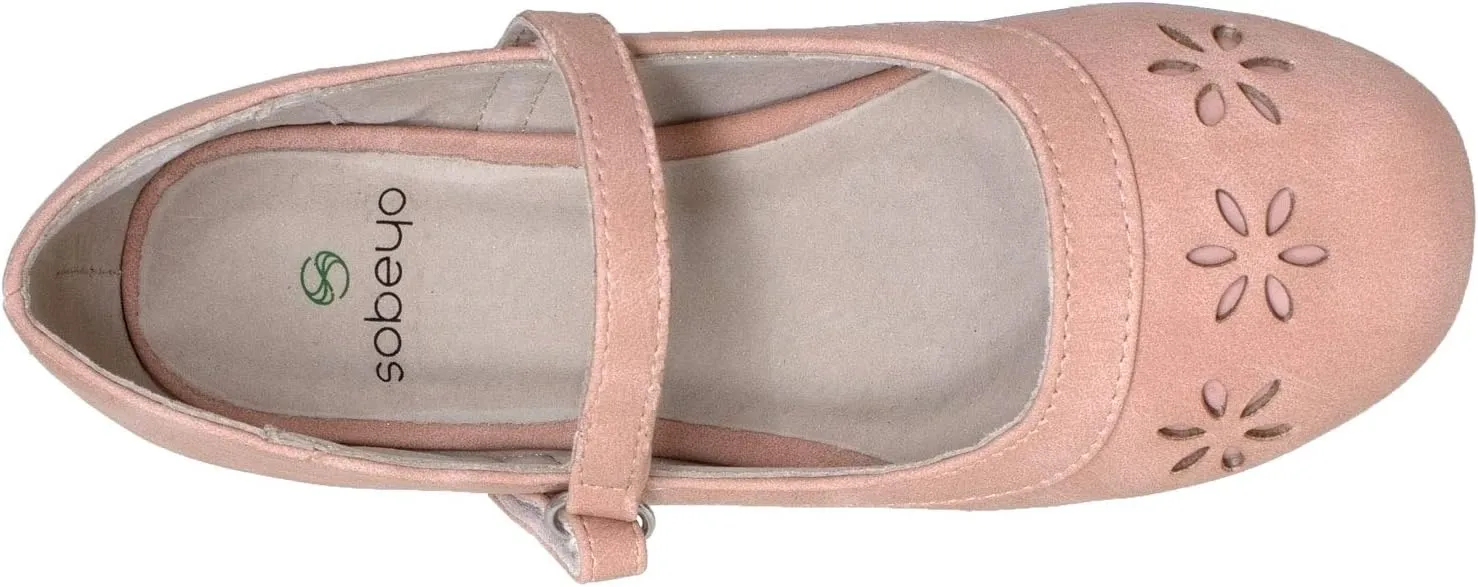 SOBEYO Girls' Dress Shoes Mary Jane Low Heel Flowers Cut Out Accents Leather Lining Insole Comfortable Memory Foam Cushion Wedding Party Princess Pump School Shoe