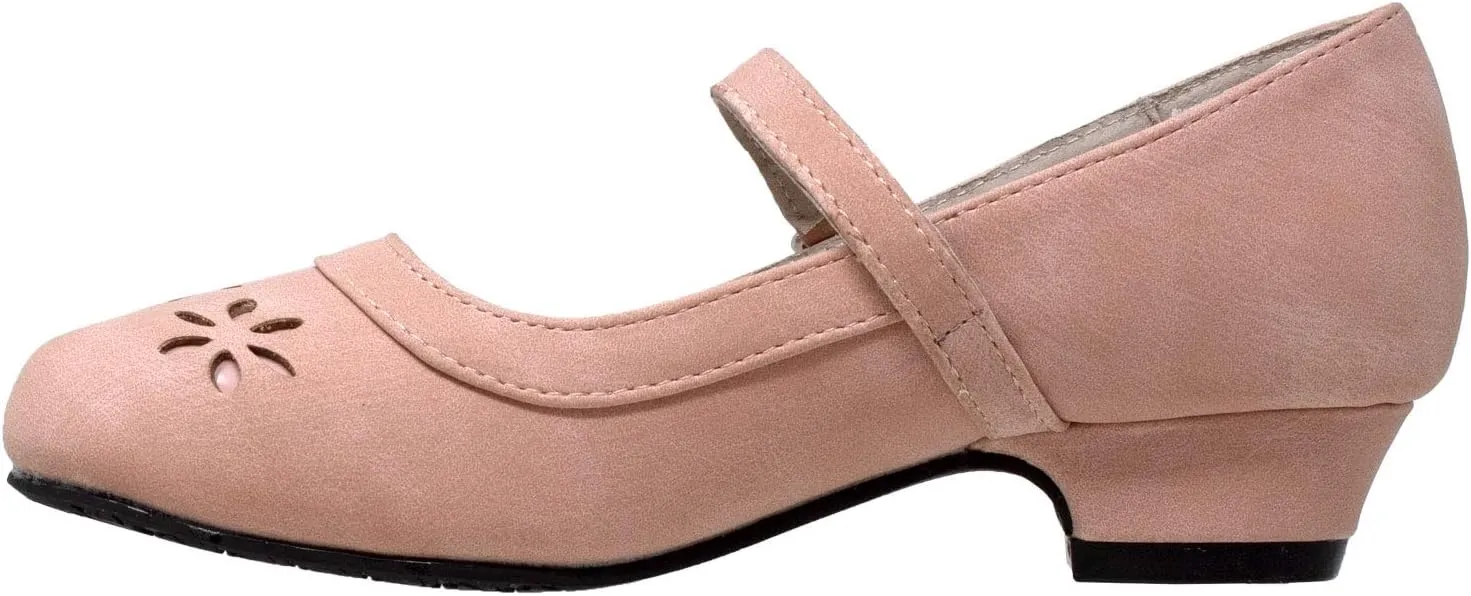 SOBEYO Girls' Dress Shoes Mary Jane Low Heel Flowers Cut Out Accents Leather Lining Insole Comfortable Memory Foam Cushion Wedding Party Princess Pump School Shoe