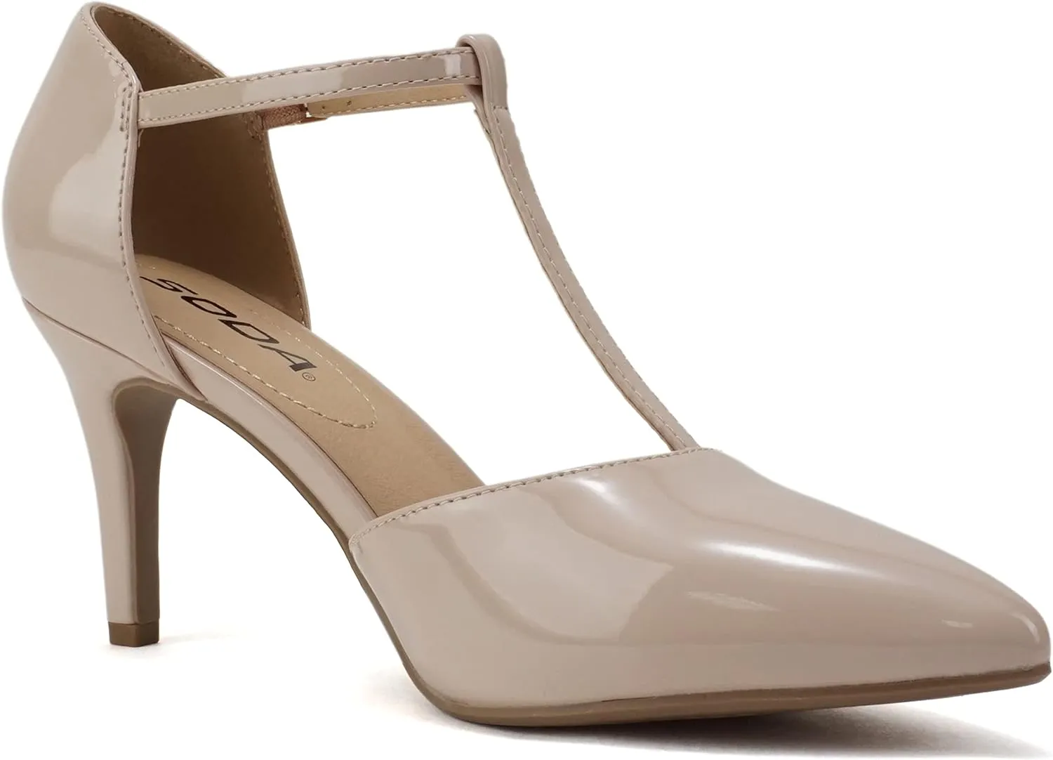 Soda Bahia ~ Women Pointed Toe Closed Back Counter Stiletto Mid Heel T-Strap Pump Shoe