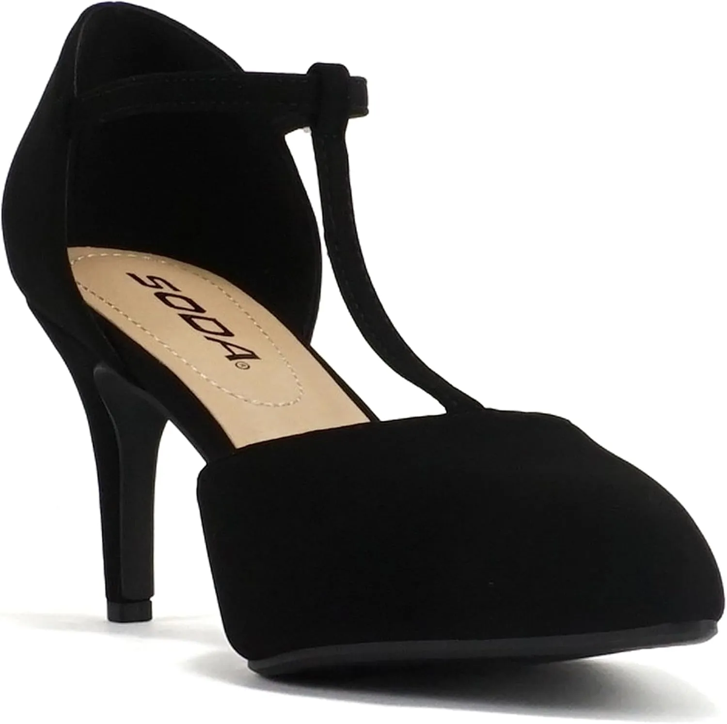 Soda Bahia ~ Women Pointed Toe Closed Back Counter Stiletto Mid Heel T-Strap Pump Shoe