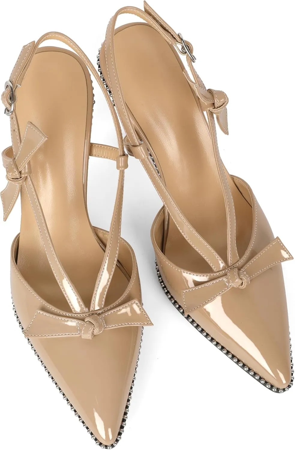 Soireelady Women Slingback Heels Bow High Heel Stilettos Beaded Pumps Pointed Toe Ankle Strap Dress Pumps Shoes 3.5 Inches