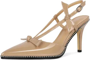 Soireelady Women Slingback Heels Bow High Heel Stilettos Beaded Pumps Pointed Toe Ankle Strap Dress Pumps Shoes 3.5 Inches