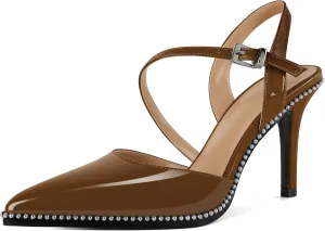 Soireelady Women Slingback Heels High Heel Beaded Pumps Pointed Toe Stilettos Slip On Strappy Heels Dress Pumps Shoes 3.5 Inch