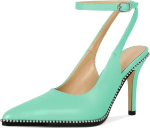 Soireelady Women Slingback High Heel Beaded Pumps Pointed Toe Stilettos Slip On Strappy Heels Ankle Strap Dress Pumps Shoes 3.5 Inches