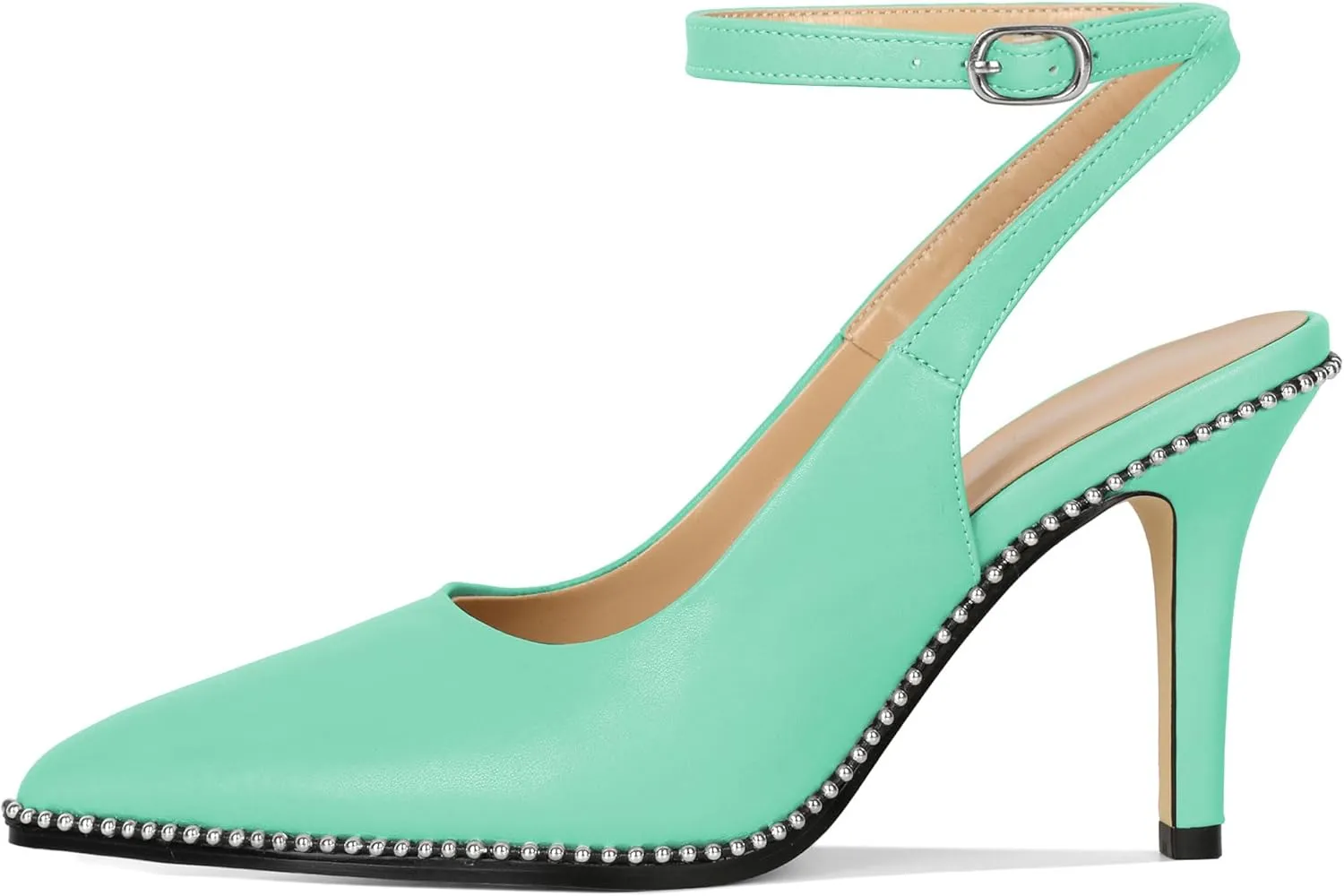 Soireelady Women Slingback High Heel Beaded Pumps Pointed Toe Stilettos Slip On Strappy Heels Ankle Strap Dress Pumps Shoes 3.5 Inches