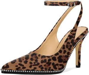 Soireelady Women Slingback High Heel Beaded Pumps Pointed Toe Stilettos Slip On Strappy Heels Ankle Strap Dress Pumps Shoes 3.5 Inches