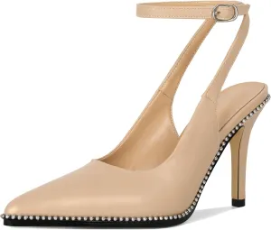 Soireelady Women Slingback High Heel Beaded Pumps Pointed Toe Stilettos Slip On Strappy Heels Ankle Strap Dress Pumps Shoes 3.5 Inches
