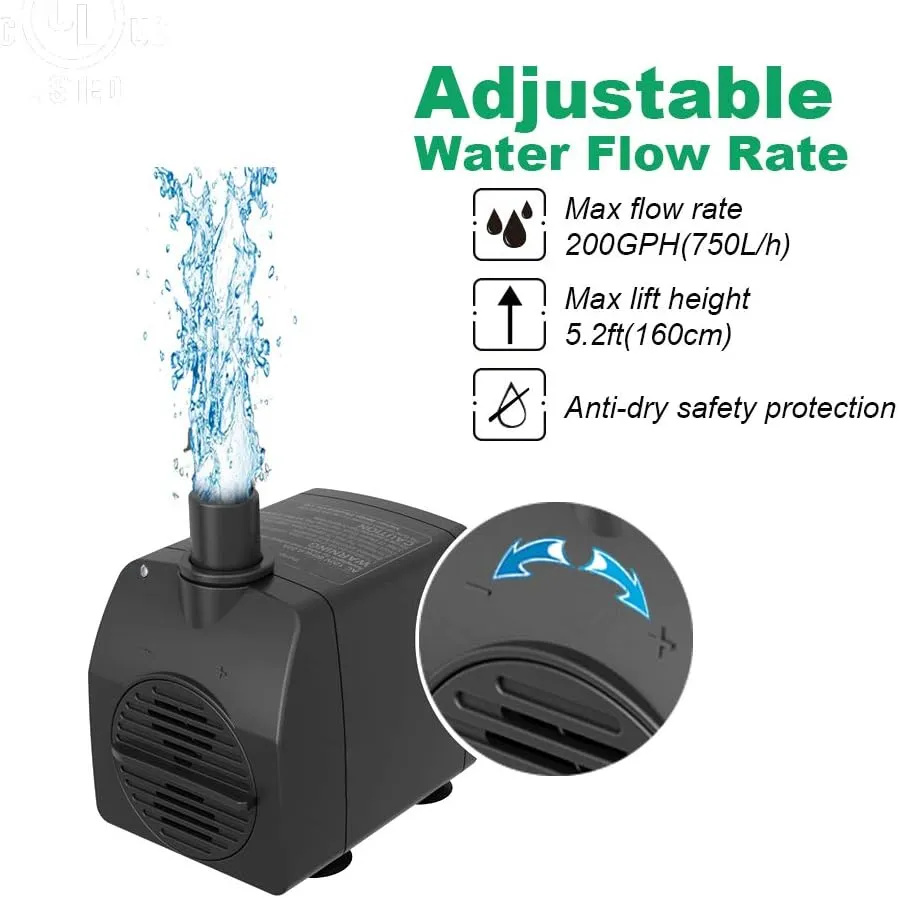 Submersible Pump 200GPH Ultra Quiet with Dry Burning Protection 5.2ft High Lift for Fountains, Hydroponics, Ponds, Aquariums & More…