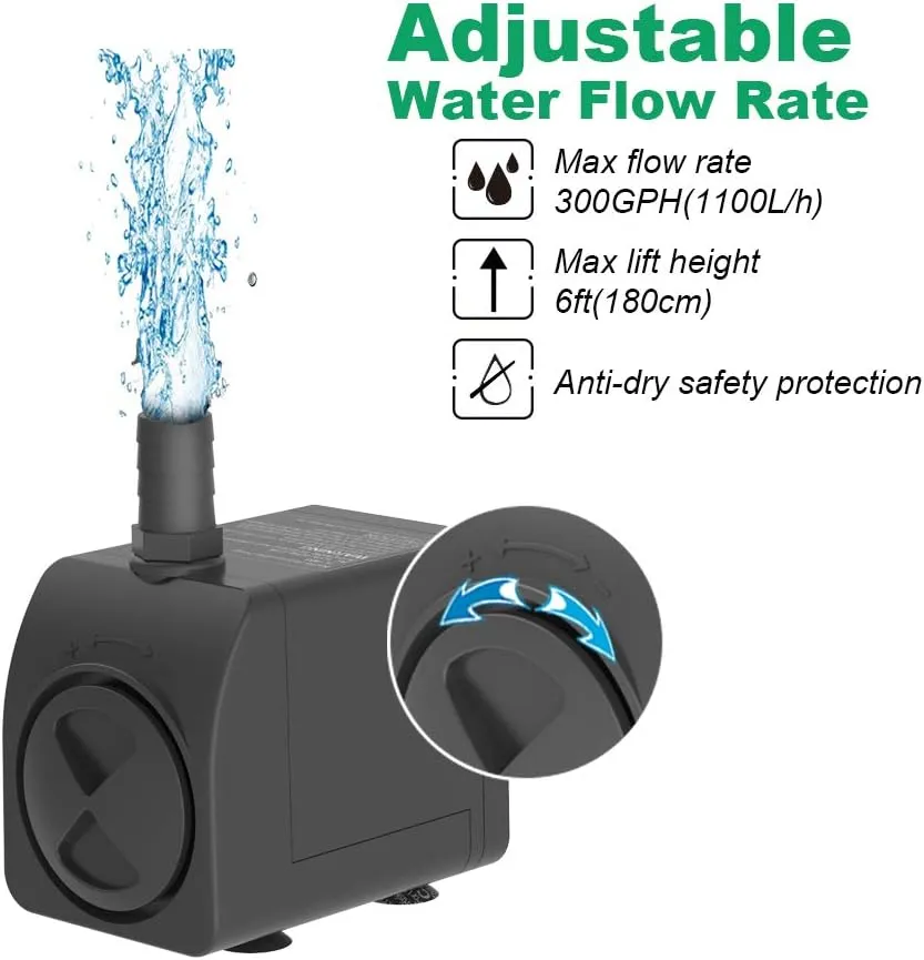 Submersible Pump 300GPH Ultra Quiet with Dry Burning Protection 6ft High Lift for Fountains, Hydroponics, Ponds, Aquariums & More…