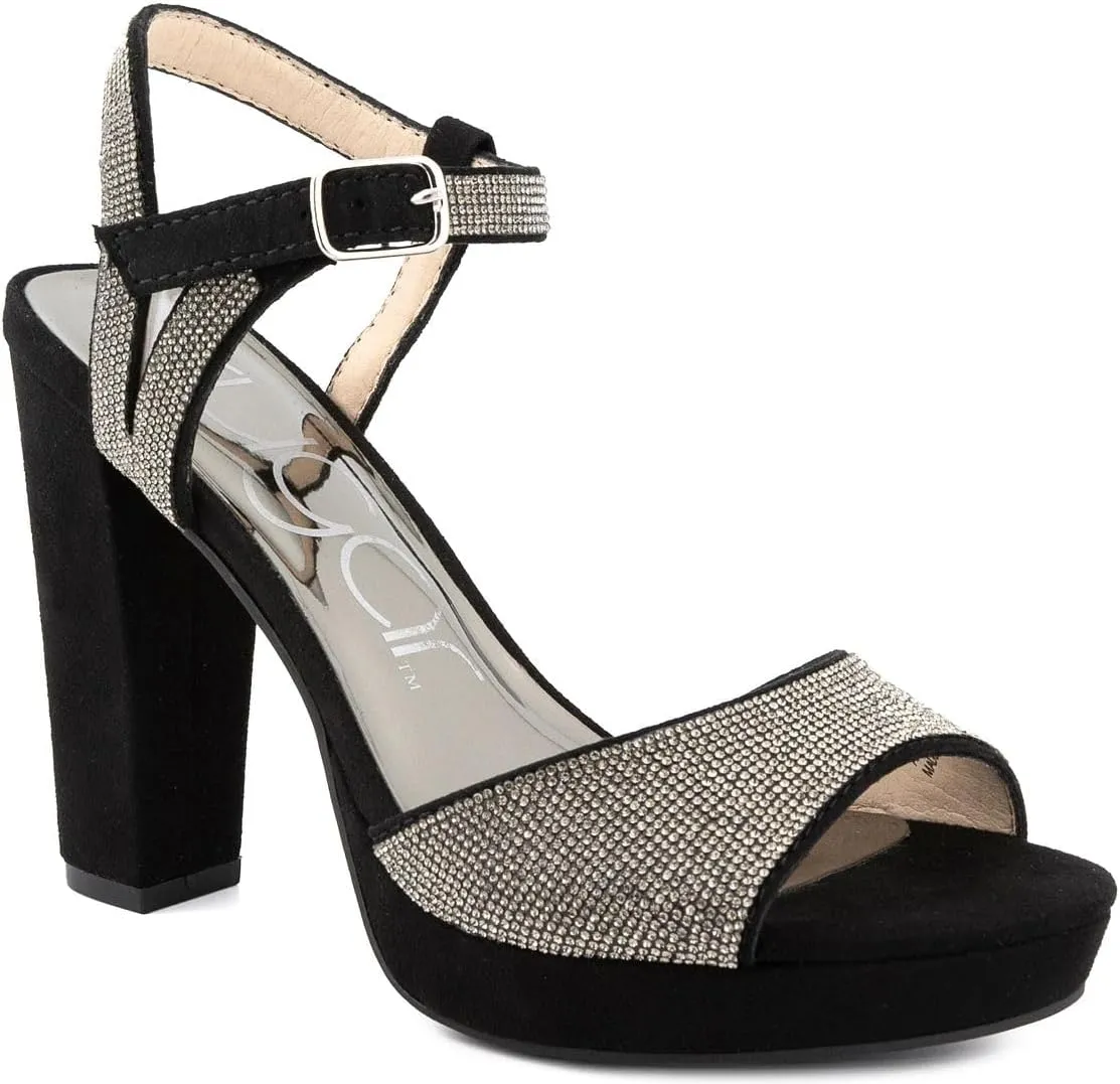 Sugar Women's Two Piece Block Heel Dress Shoe Ladies Ankle Strap Pump Sandal with Bead Detail - Open Back - Prisila Black 8