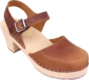 Swedish Highwood Clog Sandal for Women | Mary Jane Style Wooden Clogs Handcrafted in Sweden | Alder Wood Base and Oiled Nubuck Leather | Brown