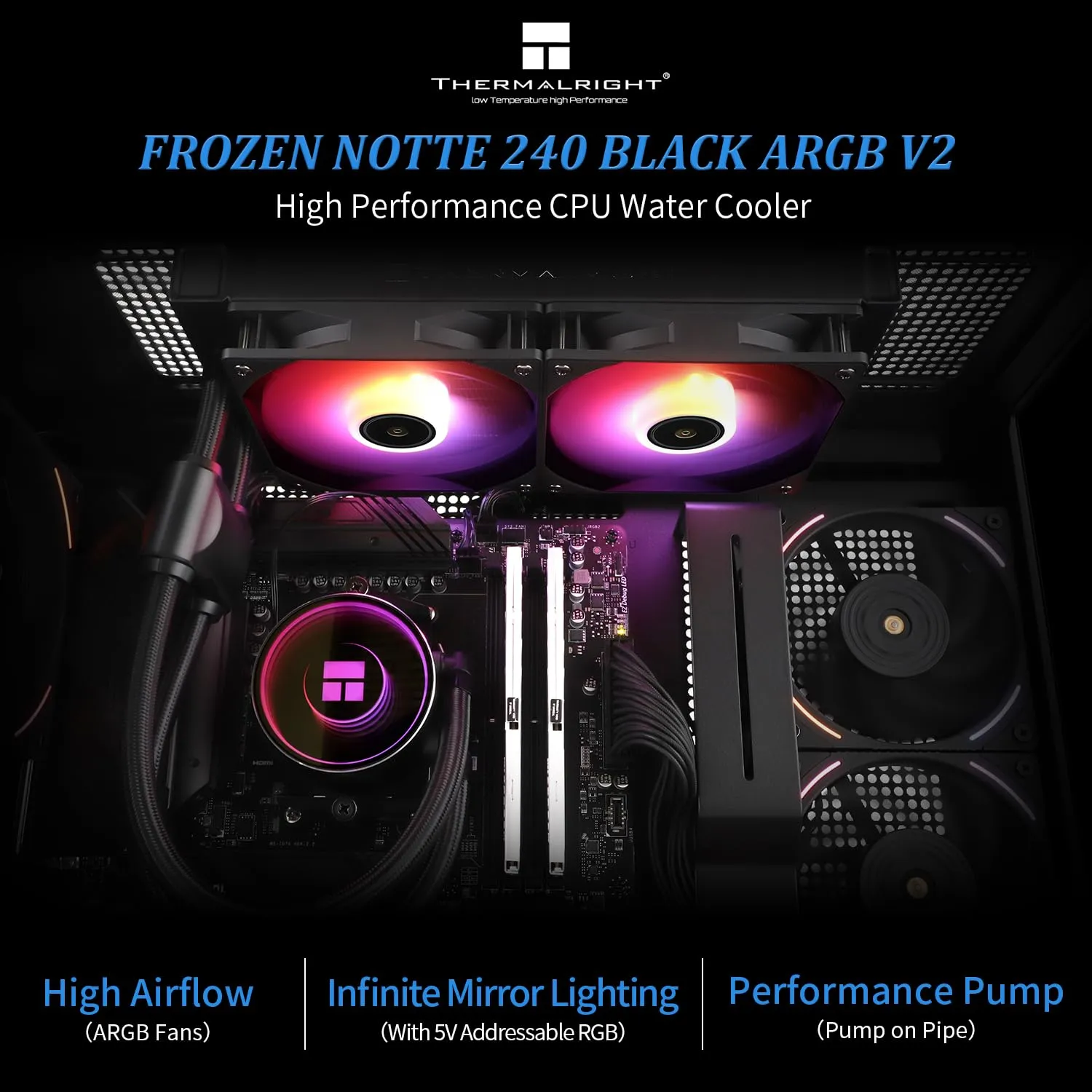 Thermalright Frozen Notte 240 Black ARGB V2 Water Cooling CPU Cooler,240Black CPU Cooler Specifications, Double PWM Fans, S-FDB Bearings, Suitable for AMD/AM4 AM5,Intel LGA 1700/1150/1151/1200/2011