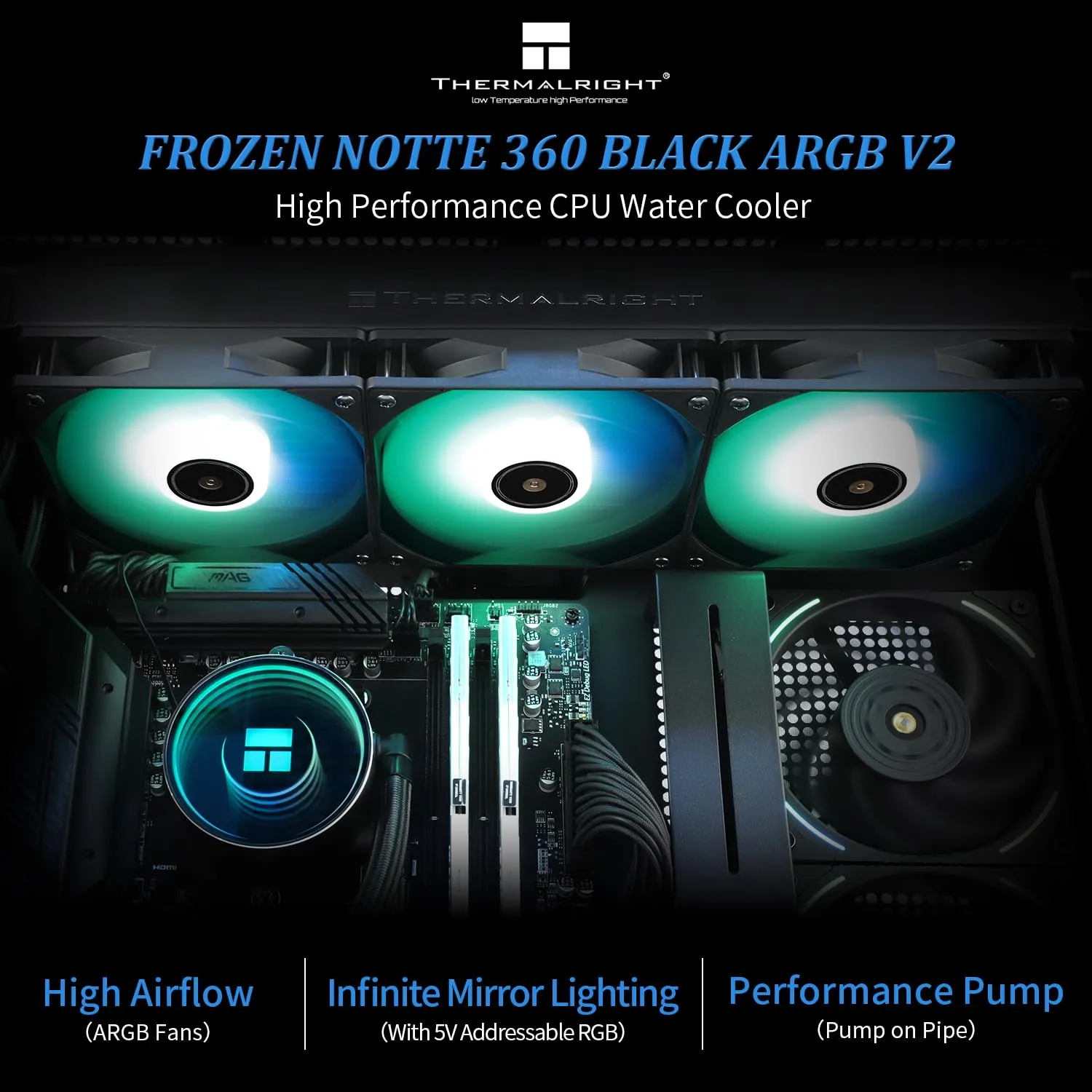 Thermalright Frozen Notte 360 Black ARGB V2 Water Cooling CPU Cooler, 360 Specification CPU Liquid Cooler,3 PWM Fans, S-FDB Bearings, Suitable for AMD:AM4/AM5, Intel LGA 1851/1700/115X/1200/2011