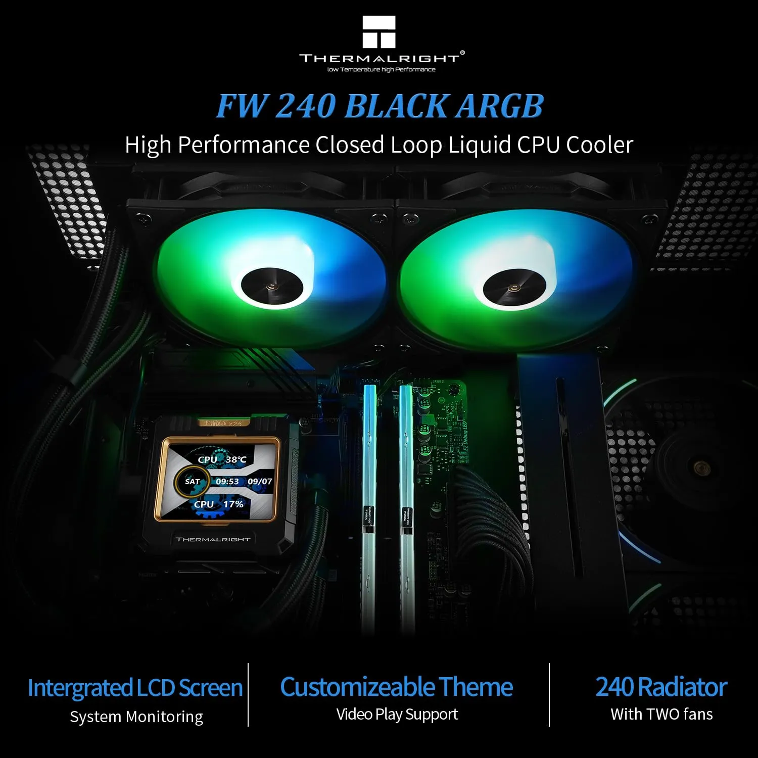 Thermalright FW240 Black ARGB CPU Water Cooler with 2 PWM Fans with 2000RPM,IPS LCD Screen with 320 * 240 Resolution,Liquid CPU Cooler with 2.4in LCD Display,PC Aio for AM5/Intel LGA1851/1700