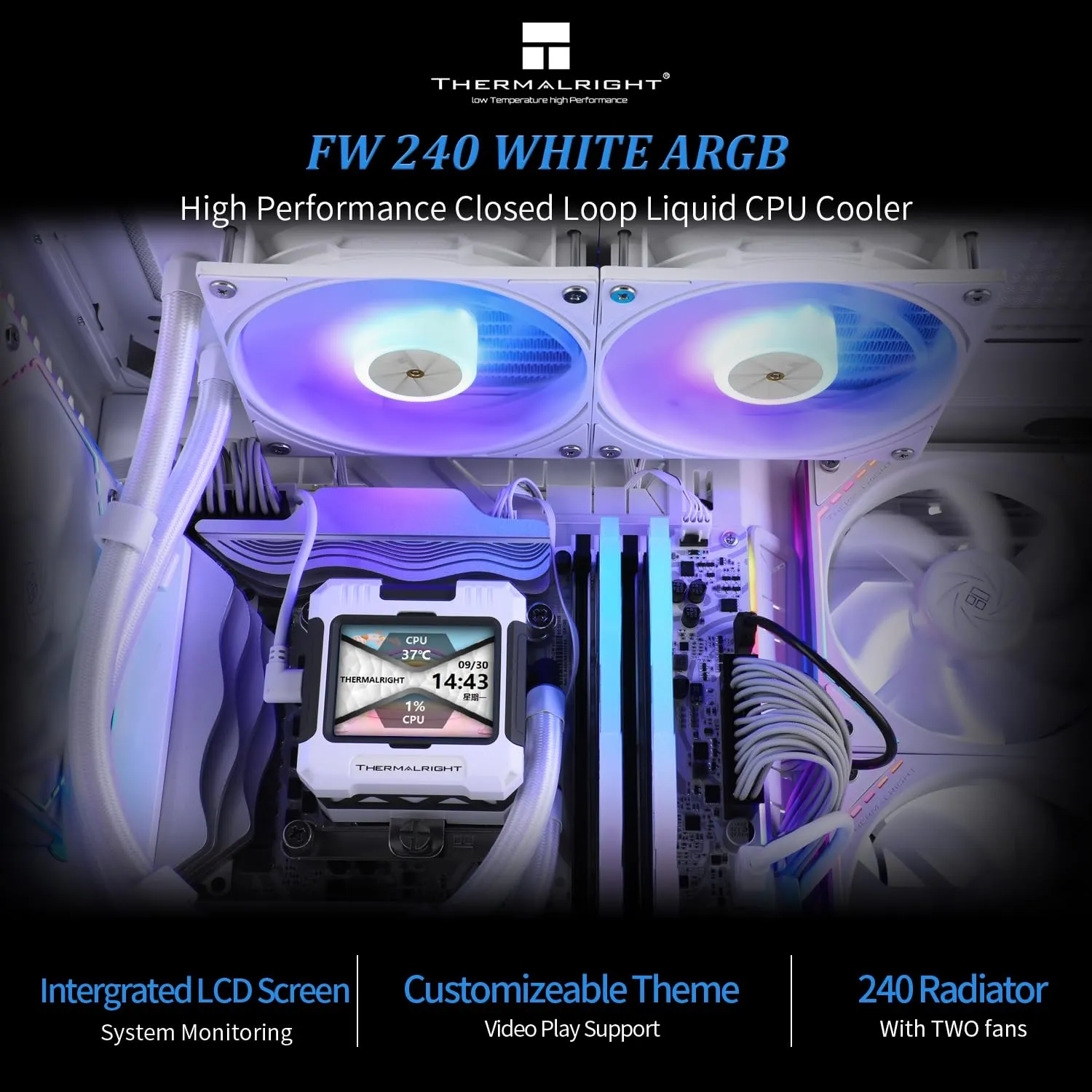 Thermalright FW240 White ARGB CPU Water Cooler with 2 PWM Fans with 2000RPM,IPS LCD Screen with 320 * 240 Resolution,Liquid CPU Cooler with 2.4in LCD Display,PC Aio for AM5/Intel LGA1851/1700