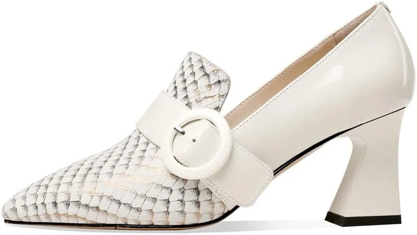 TinaCus Patent and Genuine Leather Women's Handmade Pointed Toe Modern Buckle Decor Mid Spool Heel Slip On Pump Shoes