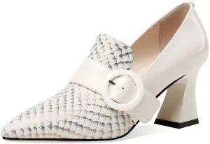 TinaCus Patent and Genuine Leather Women's Handmade Pointed Toe Modern Buckle Decor Mid Spool Heel Slip On Pump Shoes
