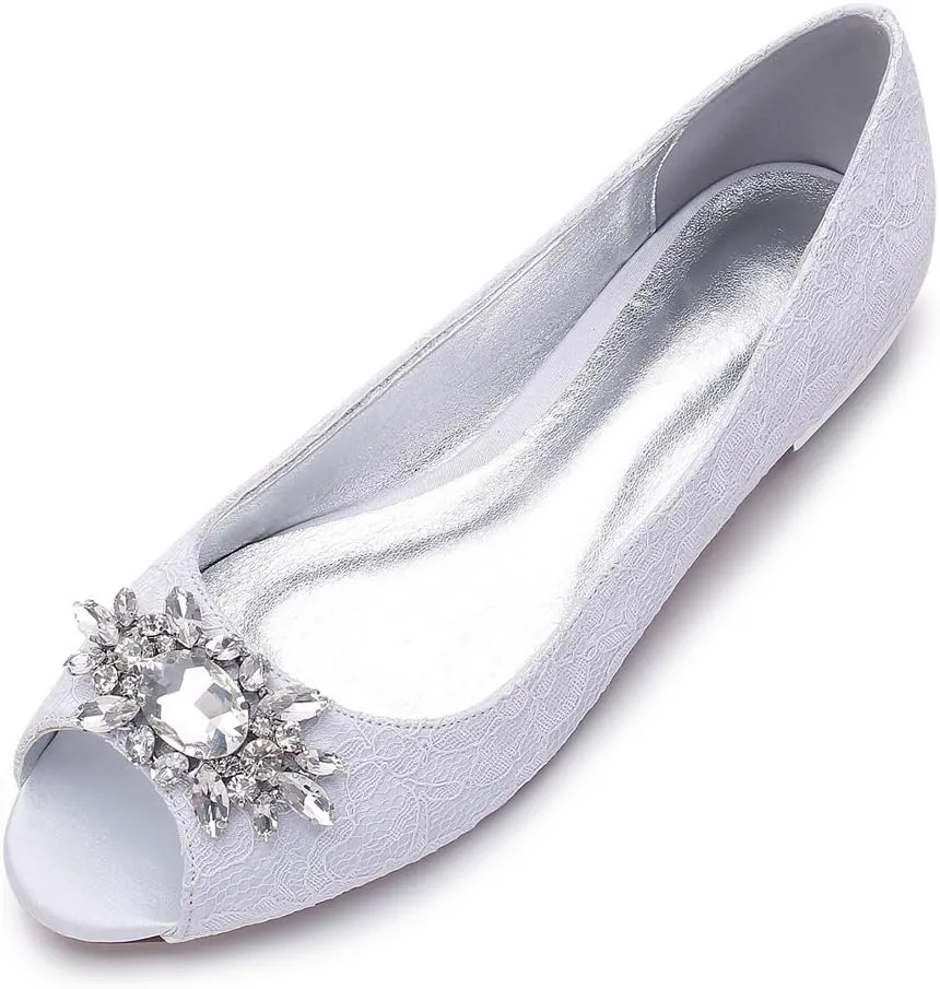 TNXZ Women Comfort Flat Lace Wedding Shoes Peep Toe Buckle Strap Bridal Evening Party Flats Shoes