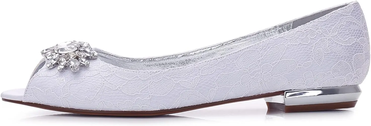 TNXZ Women Comfort Flat Lace Wedding Shoes Peep Toe Buckle Strap Bridal Evening Party Flats Shoes
