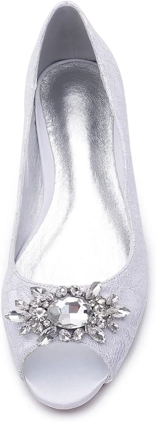 TNXZ Women Comfort Flat Lace Wedding Shoes Peep Toe Buckle Strap Bridal Evening Party Flats Shoes