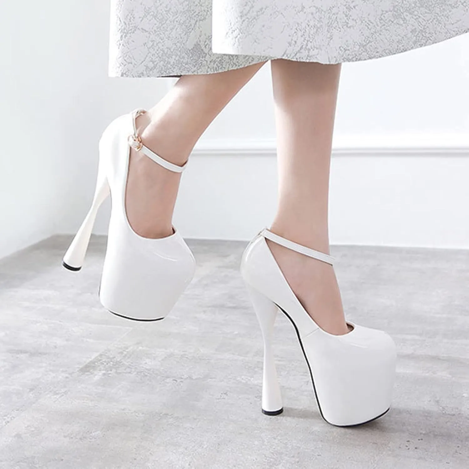 Vujkliy Women's High Heels Chunky Heel Platform Round Toe Pump Buckle Shoes Sexy Nightclub Banquet 19Cm/7.4 in Large Size Black White Shoes
