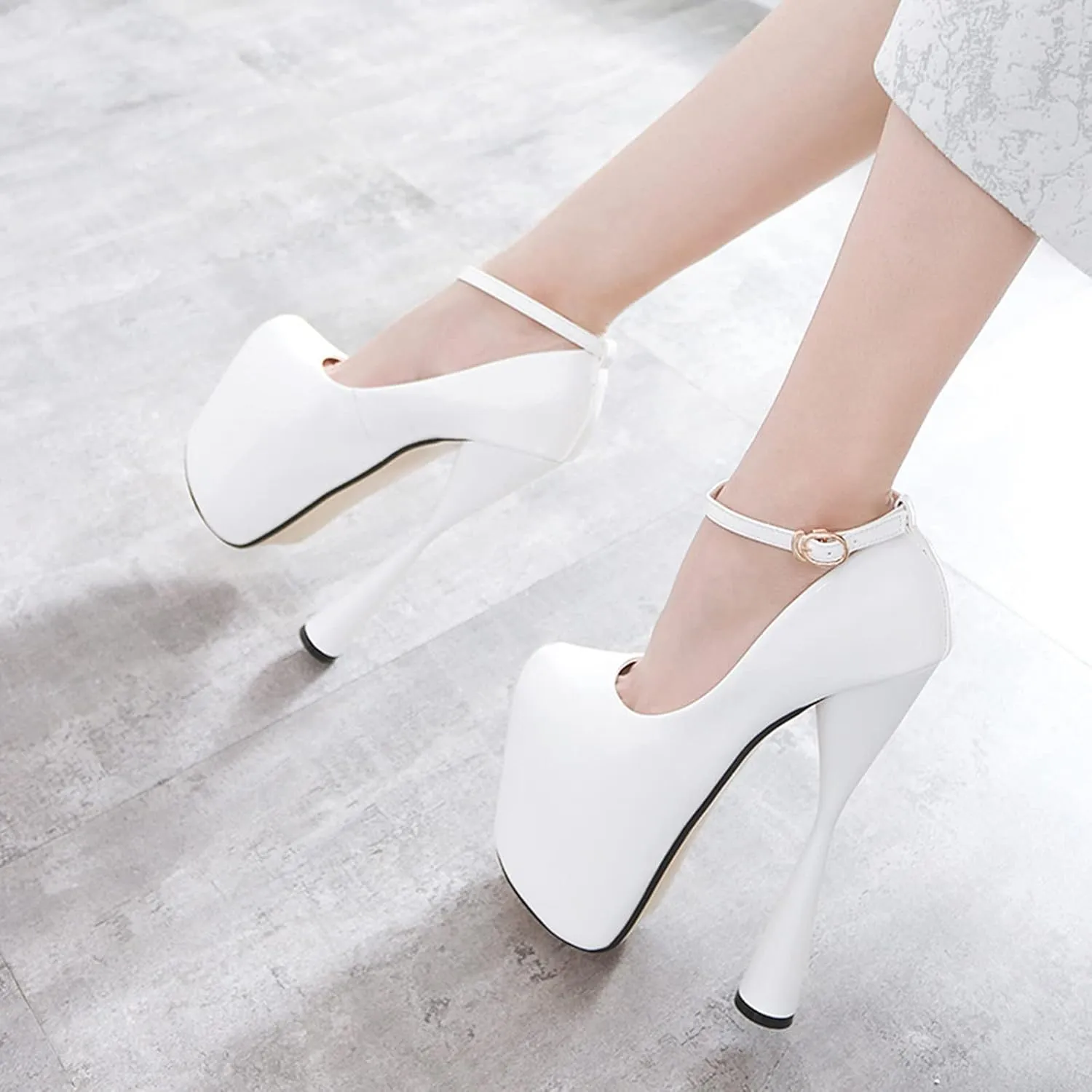 Vujkliy Women's High Heels Chunky Heel Platform Round Toe Pump Buckle Shoes Sexy Nightclub Banquet 19Cm/7.4 in Large Size Black White Shoes