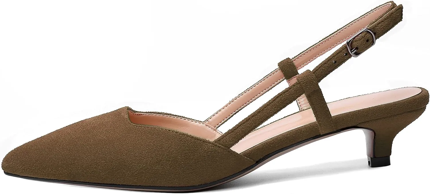 WAYDERNS Womens Suede Slingback Ankle Strap Wedding Solid Fashion Pointed Toe Buckle Kitten Low Heel Pumps Shoes 1.5 Inch