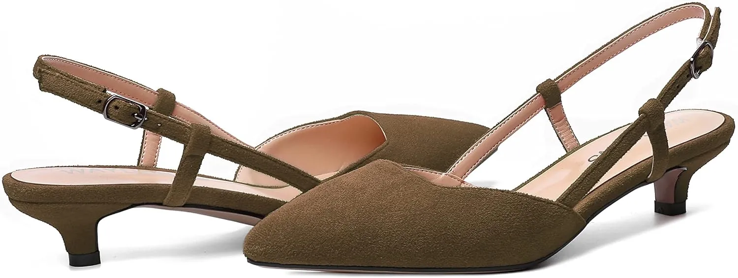 WAYDERNS Womens Suede Slingback Ankle Strap Wedding Solid Fashion Pointed Toe Buckle Kitten Low Heel Pumps Shoes 1.5 Inch