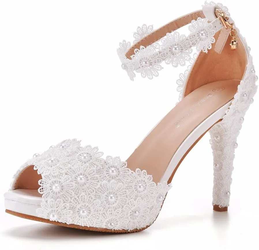 Women White lace Ankle Strap High Heel Sandals Stiletto Heels Peep Toe Pump Shoes,Peep toe heels for women Wedding Party Dress Shoes