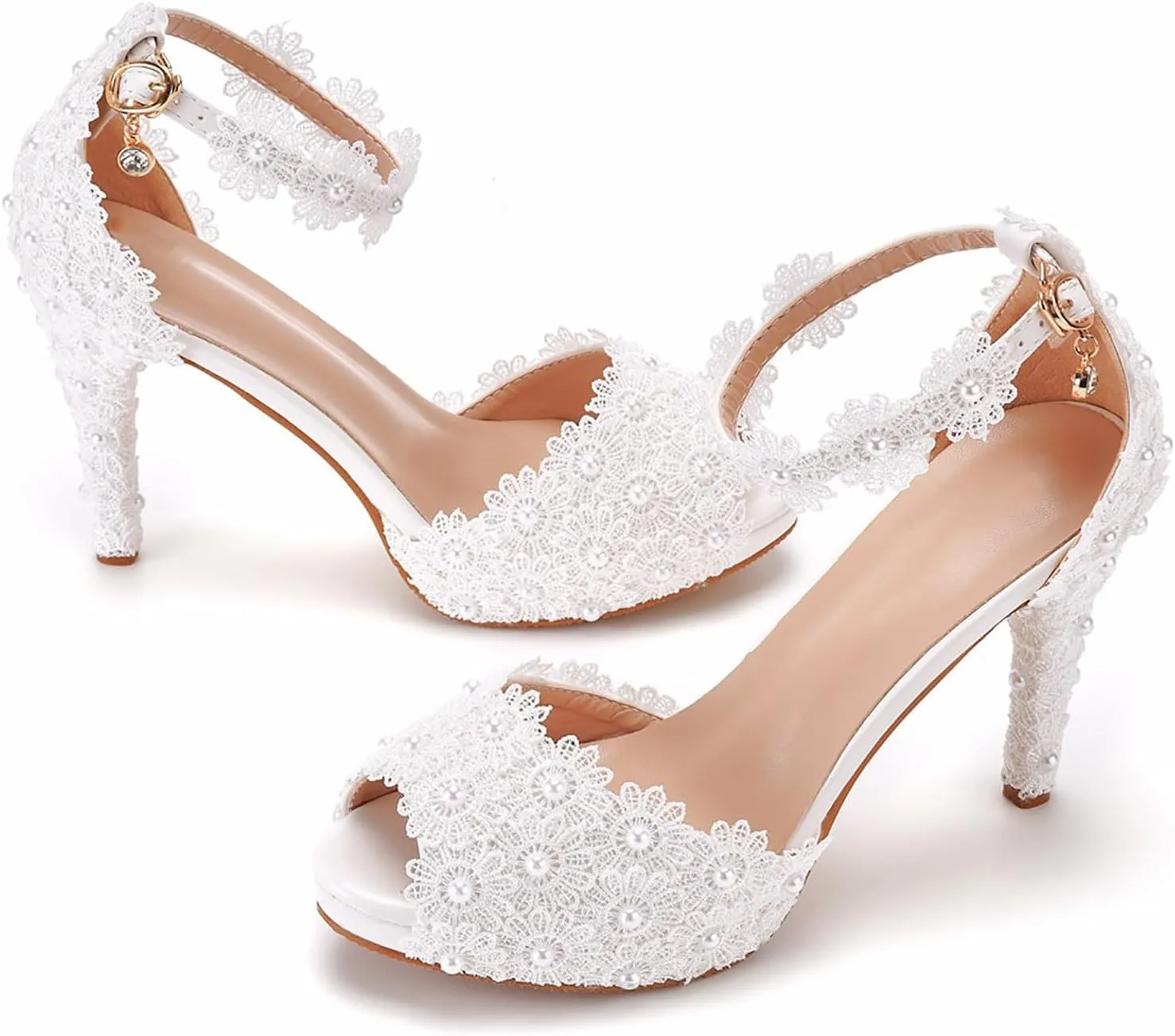 Women White lace Ankle Strap High Heel Sandals Stiletto Heels Peep Toe Pump Shoes,Peep toe heels for women Wedding Party Dress Shoes