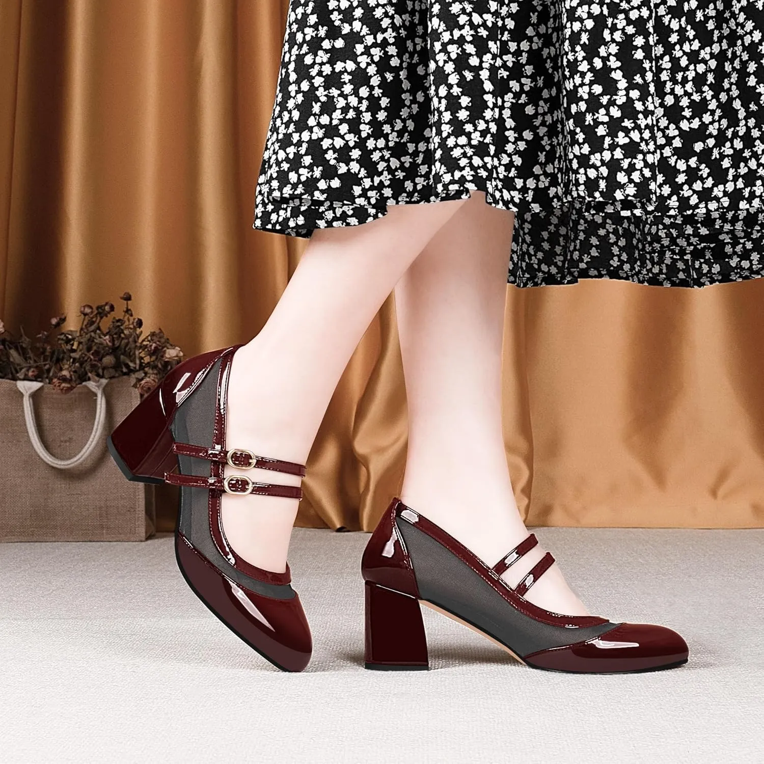 Women's Air Mesh Mary Janes Pumps High Heel Shoes with Block Heel & Double Buckle Strap Dress Shoes