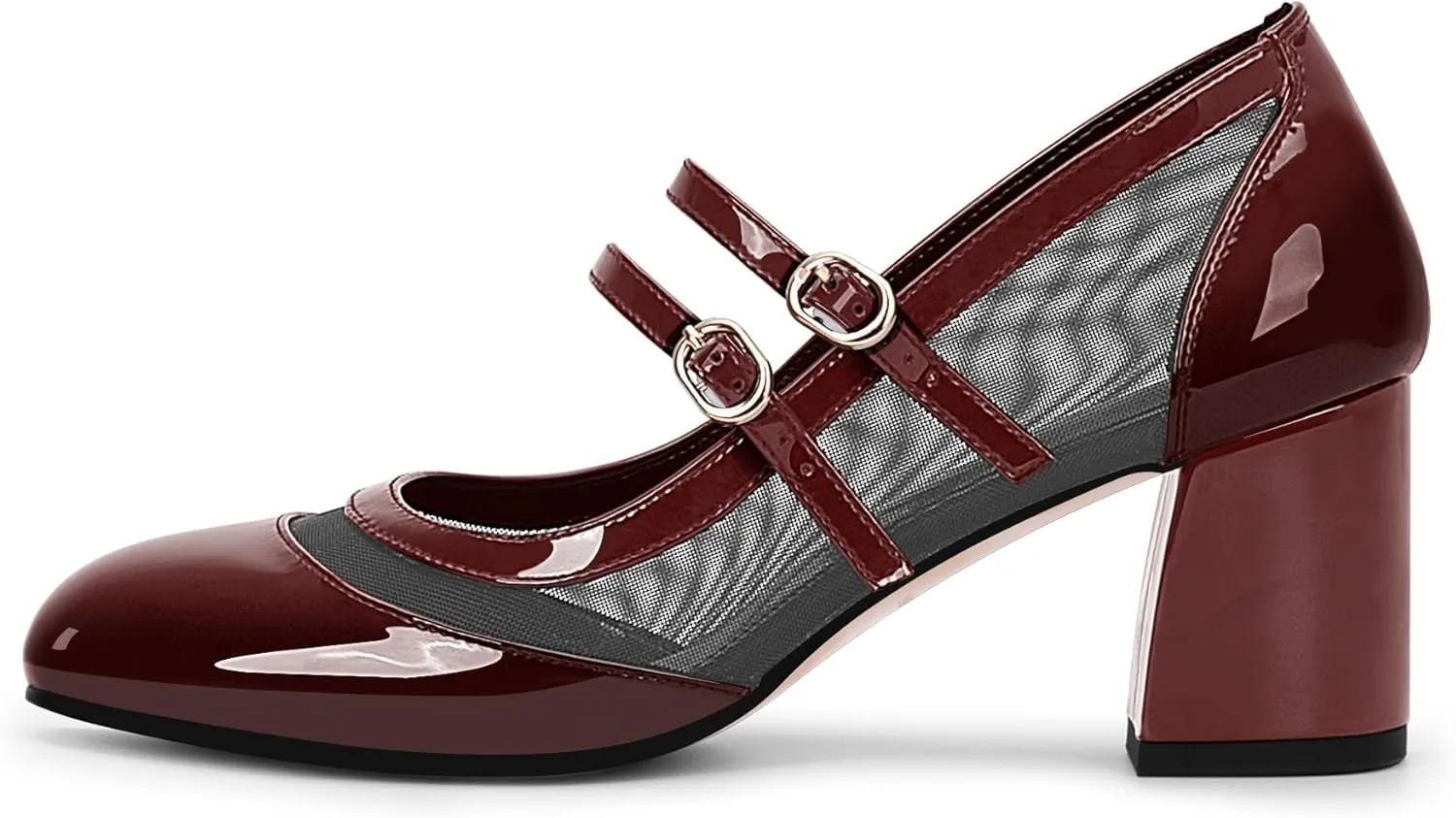Women's Air Mesh Mary Janes Pumps High Heel Shoes with Block Heel & Double Buckle Strap Dress Shoes