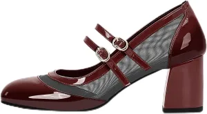 Women's Air Mesh Mary Janes Pumps High Heel Shoes with Block Heel & Double Buckle Strap Dress Shoes