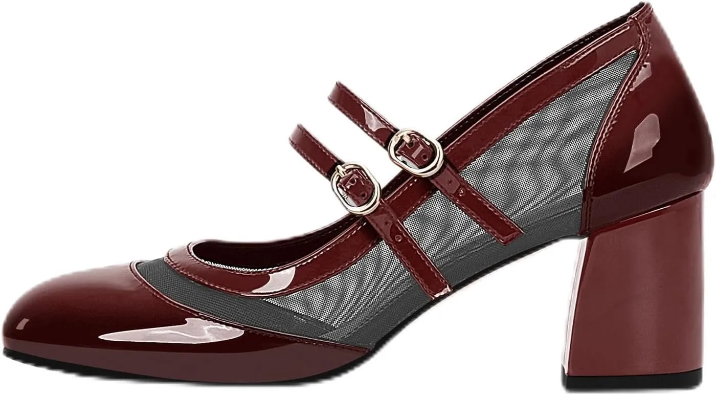 Women's Air Mesh Mary Janes Pumps High Heel Shoes with Block Heel & Double Buckle Strap Dress Shoes