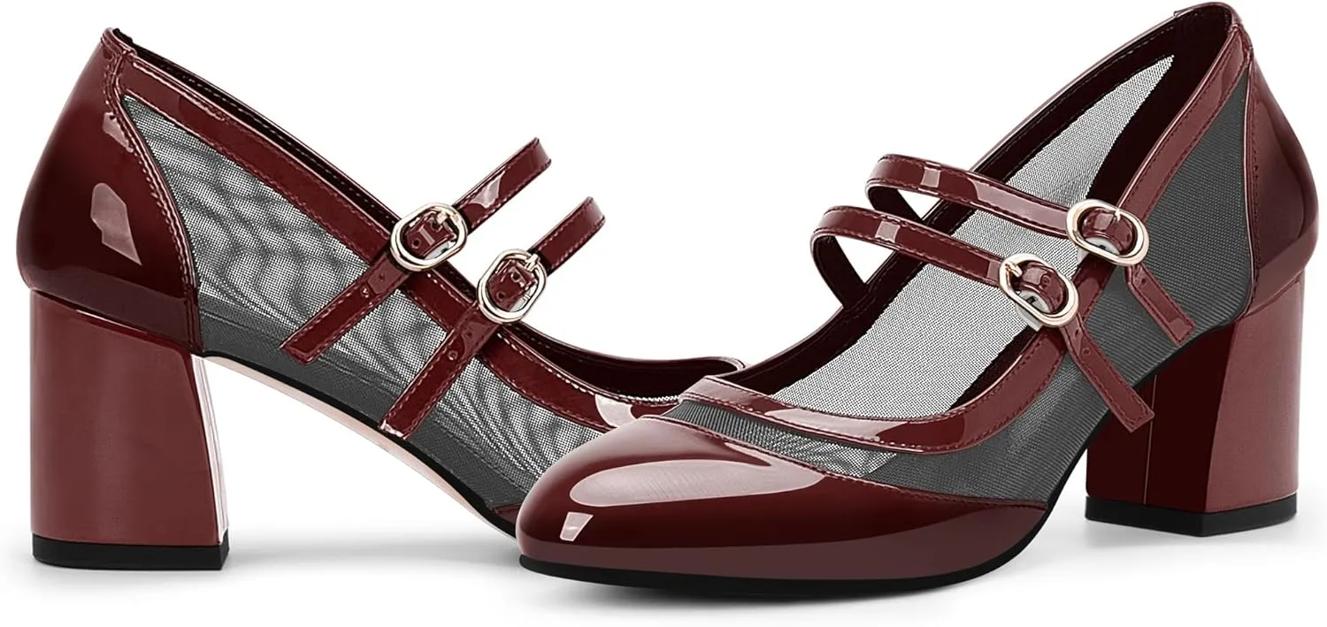 Women's Air Mesh Mary Janes Pumps High Heel Shoes with Block Heel & Double Buckle Strap Dress Shoes