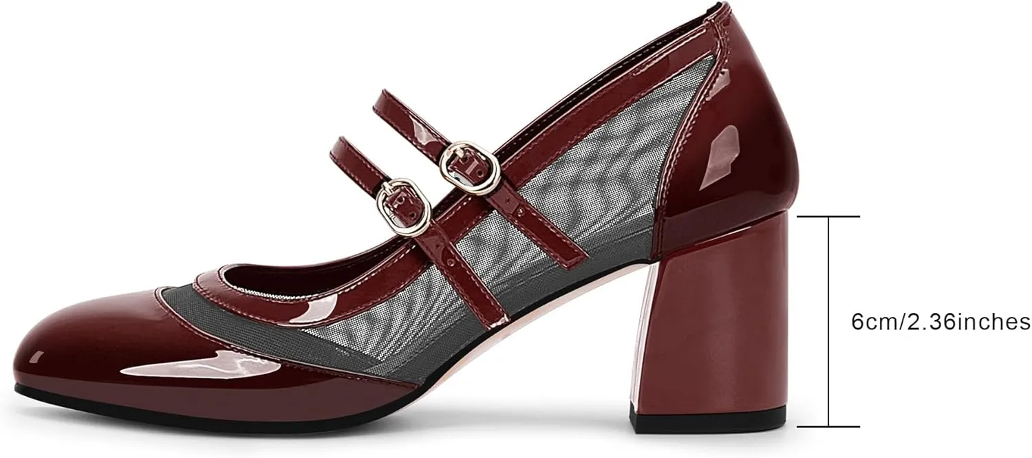 Women's Air Mesh Mary Janes Pumps High Heel Shoes with Block Heel & Double Buckle Strap Dress Shoes