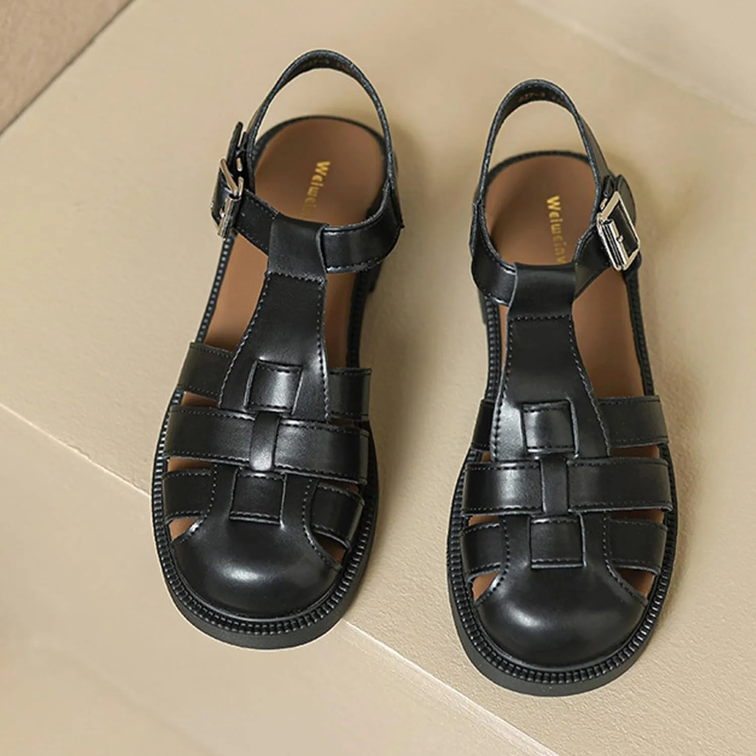 Women's Closed Toe Hollow Woven Fisherman Sandals,Fashion Adjustable Buckle Ankle Strap Flat Rome Sandals