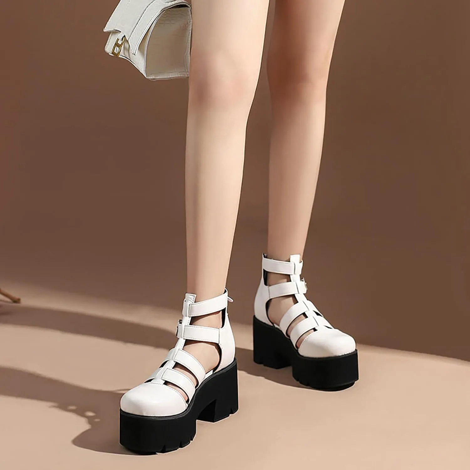 Women's Closed Toe Platform Gladiator Sandals,Summer Cutout Breathable Adjustable Buckle Roman Shoe Outdoor Chunky Heeled Package Heel Comfortable Non-Slip Beach Walking Shoes