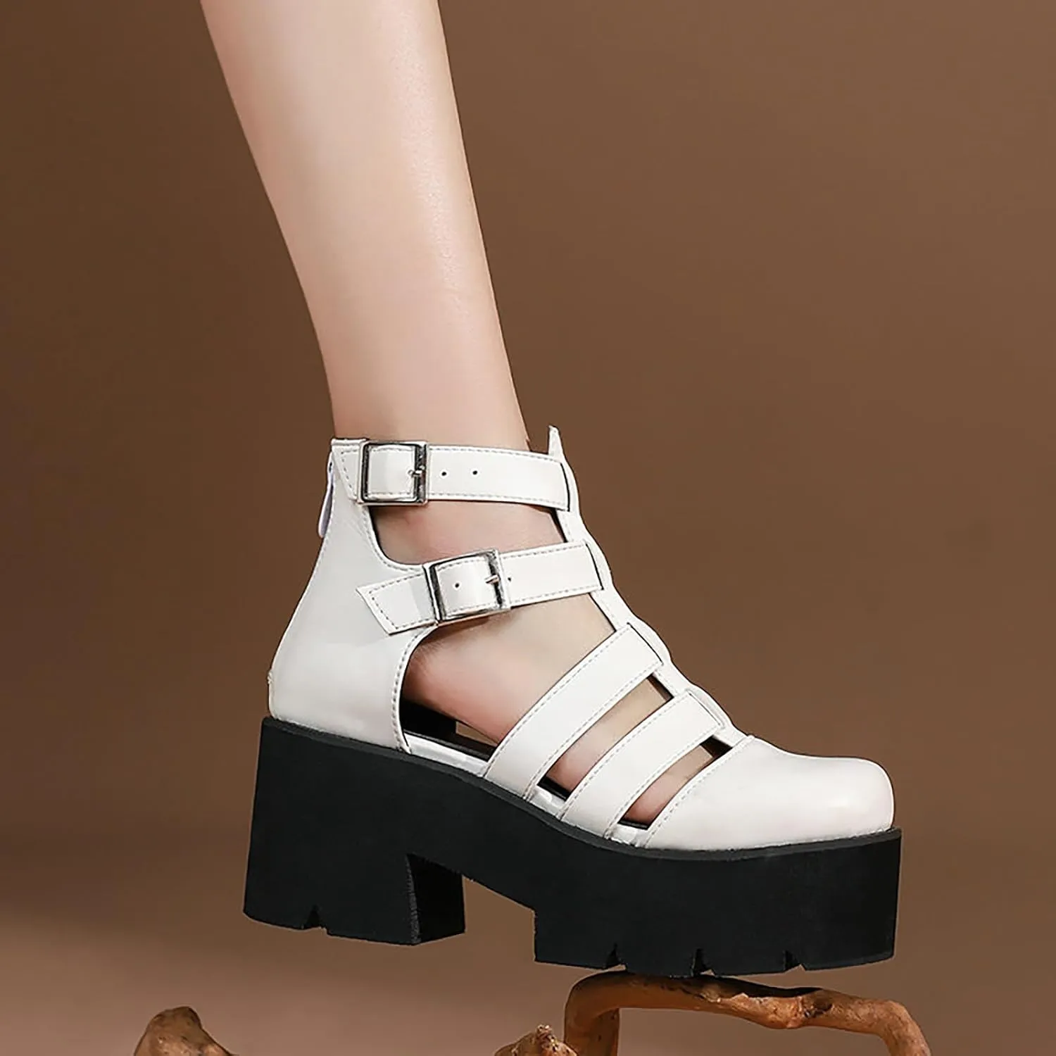 Women's Closed Toe Platform Gladiator Sandals,Summer Cutout Breathable Adjustable Buckle Roman Shoe Outdoor Chunky Heeled Package Heel Comfortable Non-Slip Beach Walking Shoes
