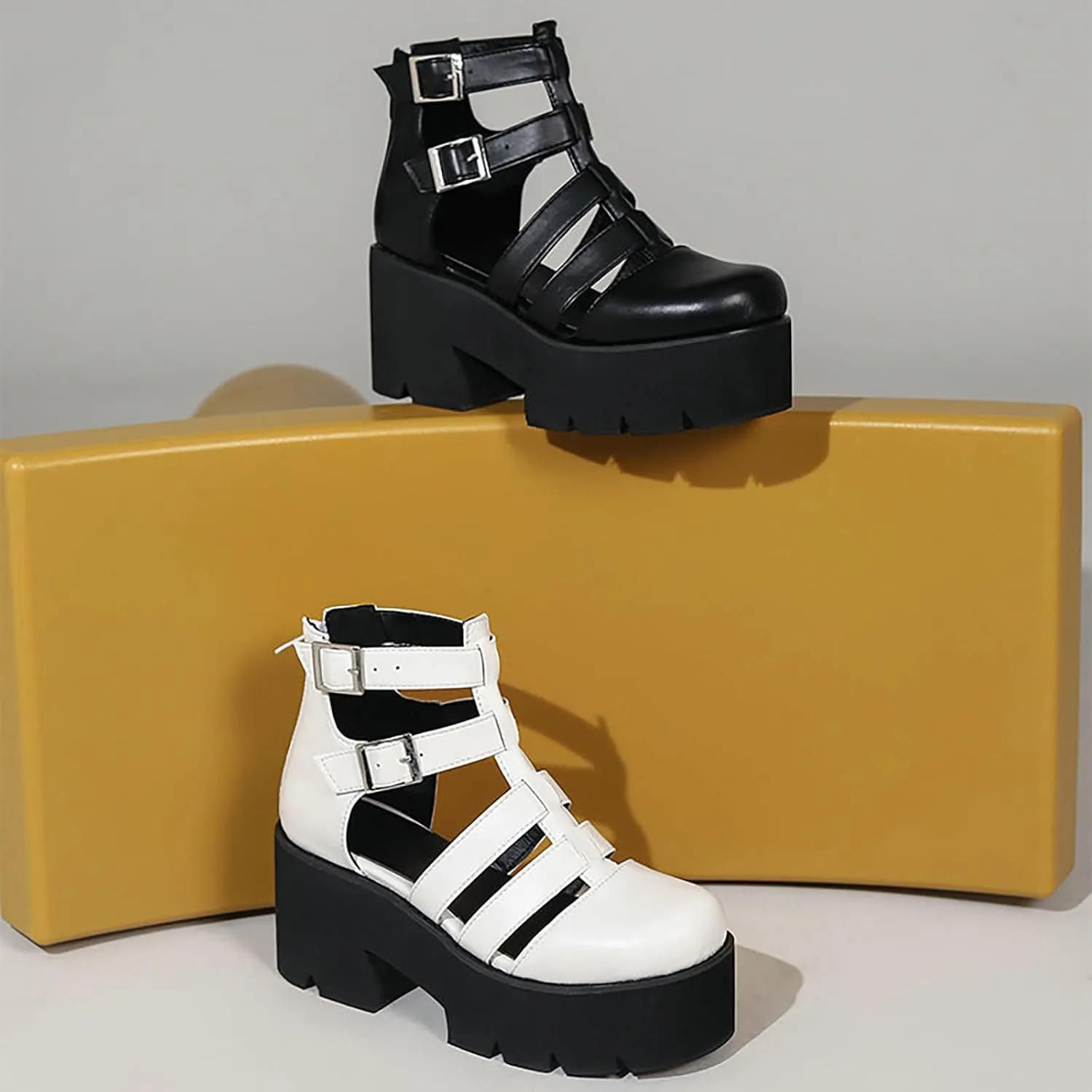 Women's Closed Toe Platform Gladiator Sandals,Summer Cutout Breathable Adjustable Buckle Roman Shoe Outdoor Chunky Heeled Package Heel Comfortable Non-Slip Beach Walking Shoes