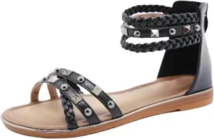 Womens Elastic Band Ankle Strap Flat Heel Open Side Vamp Ethnic Sandals PU Upper Rivet Woven Retro Roman Casual Summer Sandals
