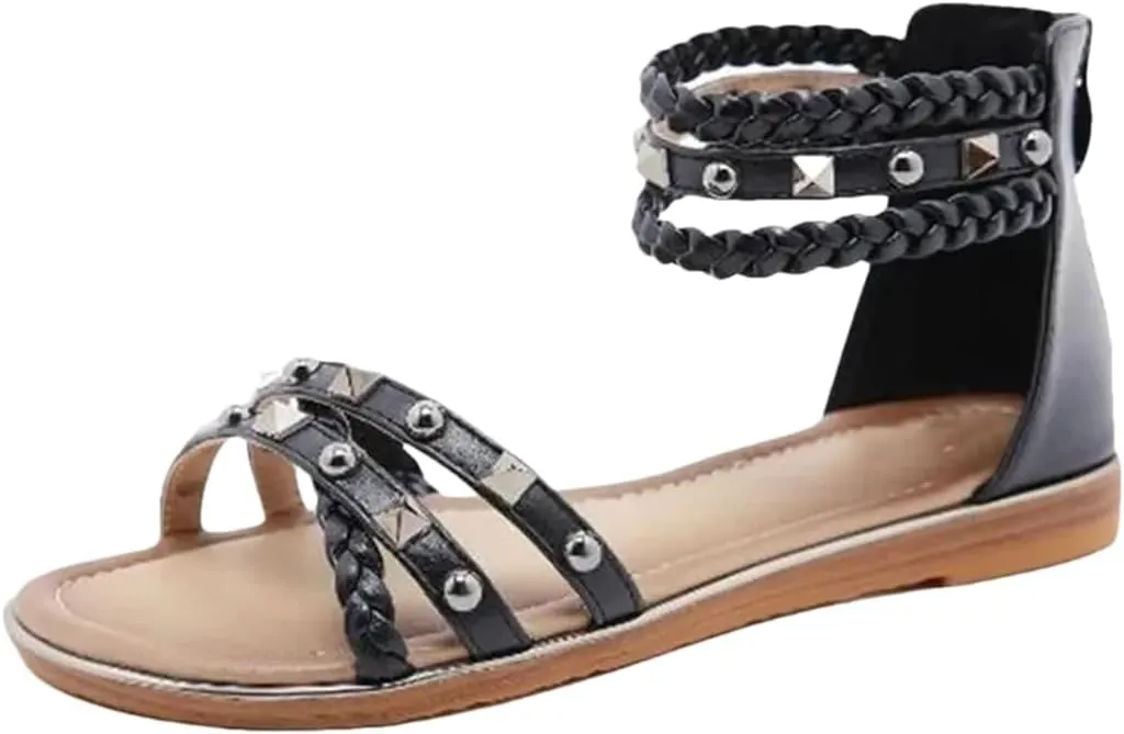 Womens Elastic Band Ankle Strap Flat Heel Open Side Vamp Ethnic Sandals PU Upper Rivet Woven Retro Roman Casual Summer Sandals