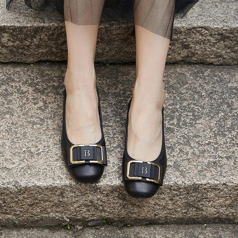 Women's Leather Low Heel Metal Buckle Embellished Pump